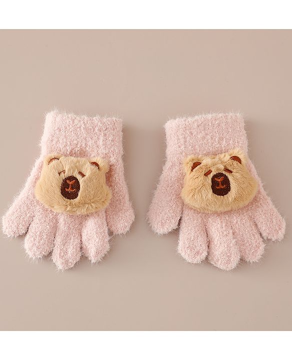 Babyhug Gloves with Bear Applique - Pink