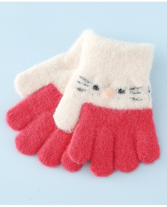 Babyhug Gloves With Cat Design - Pink