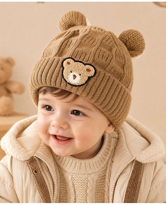 Babyhug Woollen Cap With Pom Pom Brown - Diameter 15 cm