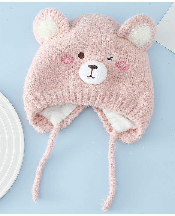 Babyhug Woollen Cap with Knot and Bear Face & Applique Pink - Diameter 17 cm