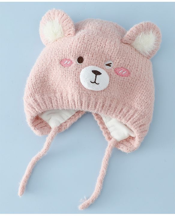 Babyhug Woollen Cap with Knot and Bear Face & Applique Pink - Diameter 17 cm