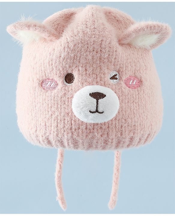 Babyhug Woollen Cap with Knot and Bear Face & Applique Pink - Diameter 17 cm
