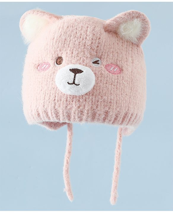 Babyhug Woollen Cap with Knot and Bear Face & Applique Pink - Diameter 17 cm