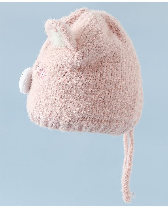 Babyhug Woollen Cap with Knot and Bear Face & Applique Pink - Diameter 17 cm