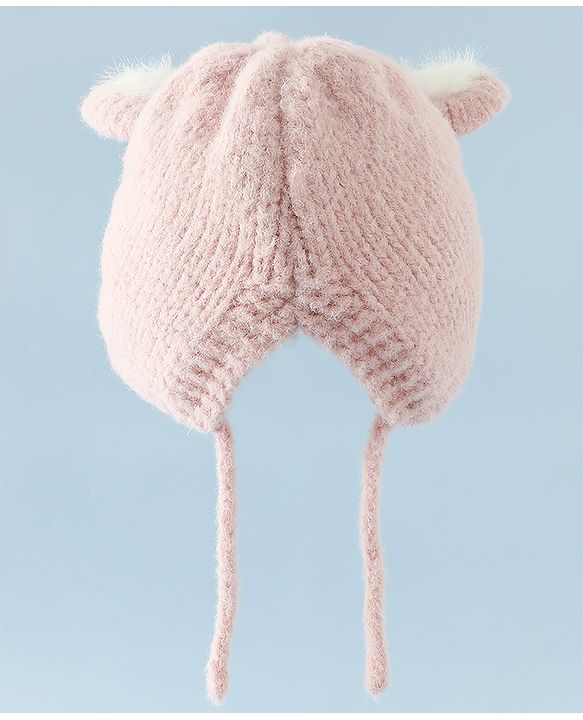 Babyhug Woollen Cap with Knot and Bear Face & Applique Pink - Diameter 17 cm