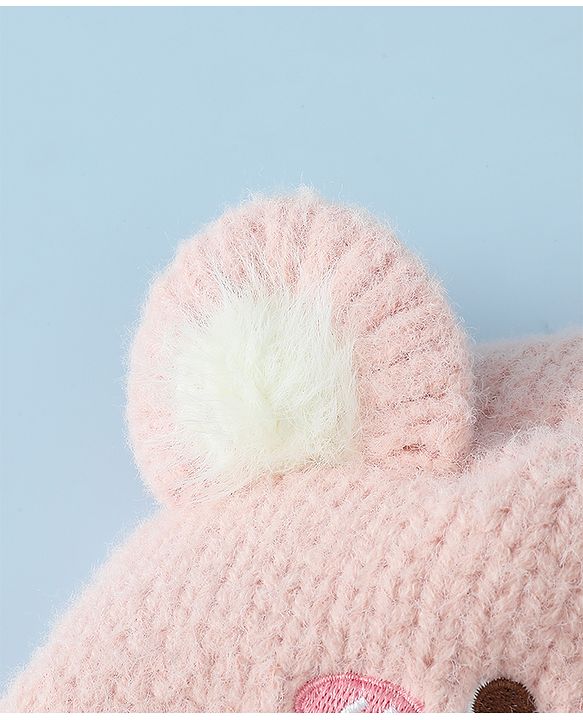 Babyhug Woollen Cap with Knot and Bear Face & Applique Pink - Diameter 17 cm