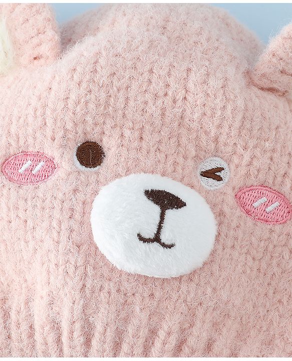 Babyhug Woollen Cap with Knot and Bear Face & Applique Pink - Diameter 17 cm