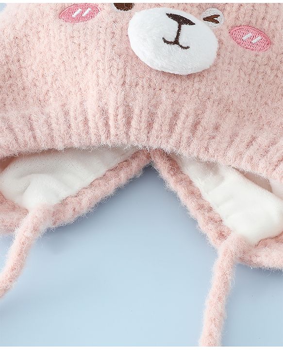 Babyhug Woollen Cap with Knot and Bear Face & Applique Pink - Diameter 17 cm
