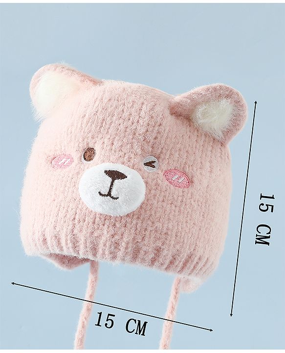 Babyhug Woollen Cap with Knot and Bear Face & Applique Pink - Diameter 17 cm