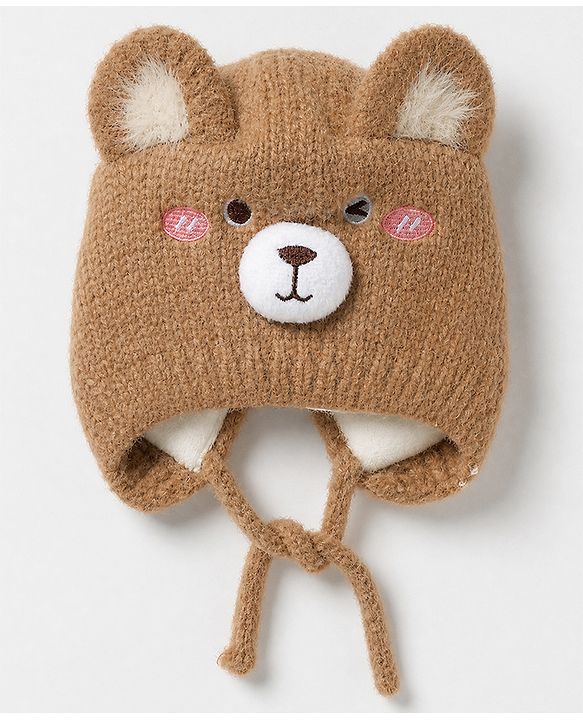 Babyhug Woollen Cap with Knot and Bear Face & Applique Pink - Diameter 17 cm