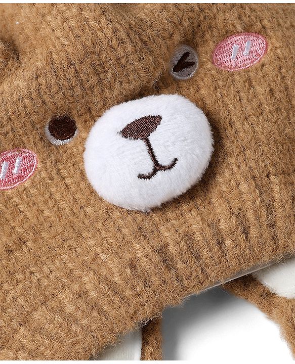 Babyhug Woollen Cap with Knot and Bear Face & Applique Pink - Diameter 17 cm