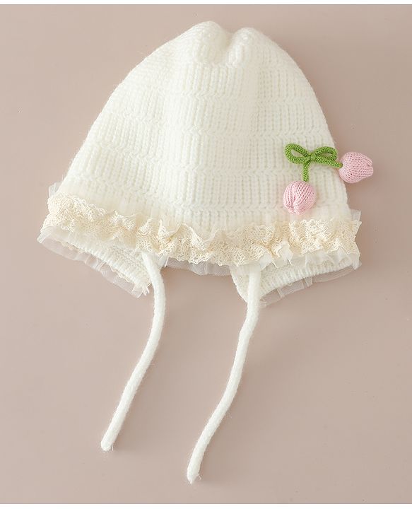 Babyhug Woollen Cap With Floral Applique & Frill Detailing Off White - Diameter 9 cm