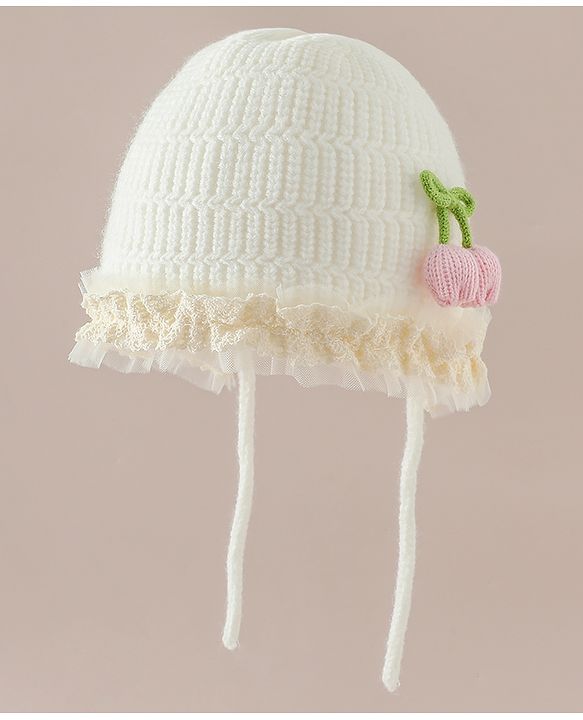 Babyhug Woollen Cap With Floral Applique & Frill Detailing Off White - Diameter 9 cm