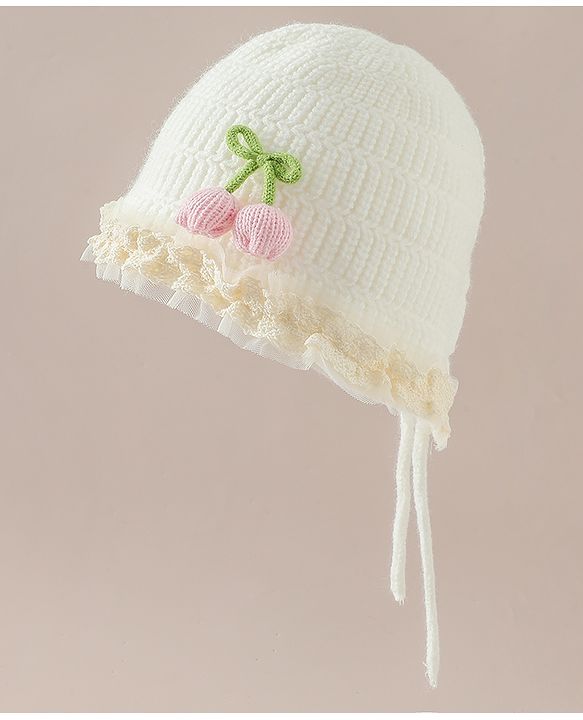 Babyhug Woollen Cap With Floral Applique & Frill Detailing Off White - Diameter 9 cm