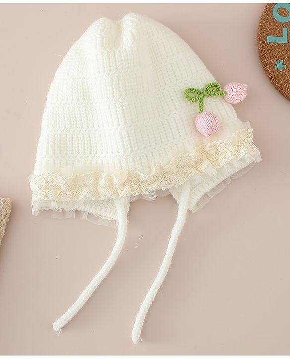 Babyhug Woollen Cap With Floral Applique & Frill Detailing Off White - Diameter 9 cm