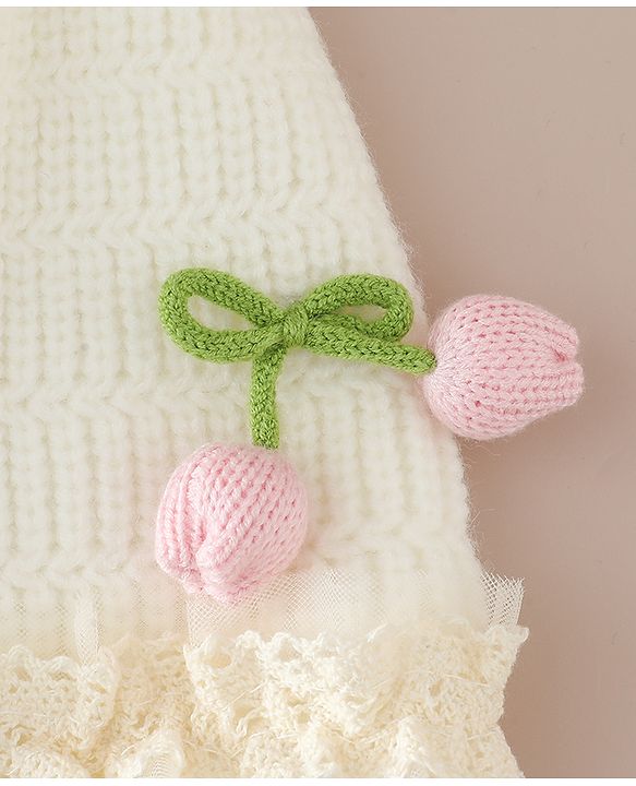 Babyhug Woollen Cap With Floral Applique & Frill Detailing Off White - Diameter 9 cm