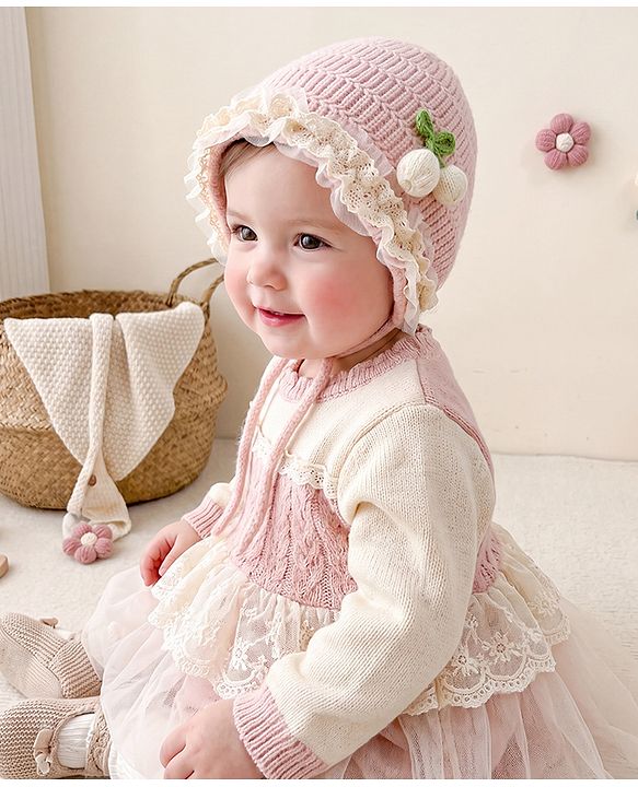 Babyhug Woollen Cap With Floral Applique & Frill Detailing Off White - Diameter 9 cm