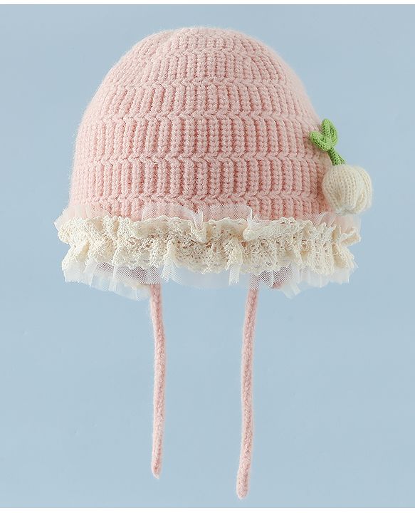 Babyhug Woollen Cap With Floral Applique & Frill Detailing Off White - Diameter 9 cm