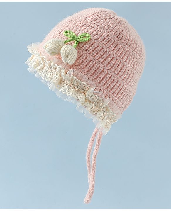 Babyhug Woollen Cap With Floral Applique & Frill Detailing Off White - Diameter 9 cm