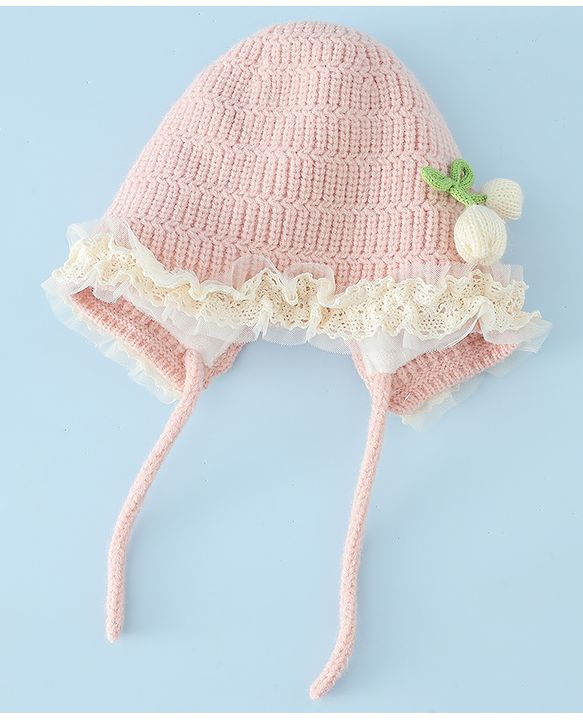 Babyhug Woollen Cap With Floral Applique & Frill Detailing Off White - Diameter 9 cm