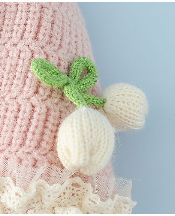 Babyhug Woollen Cap With Floral Applique & Frill Detailing Off White - Diameter 9 cm