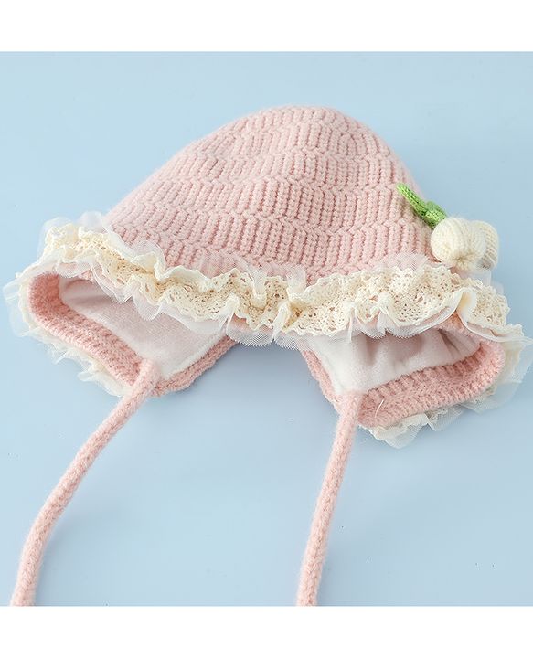 Babyhug Woollen Cap With Floral Applique & Frill Detailing Off White - Diameter 9 cm