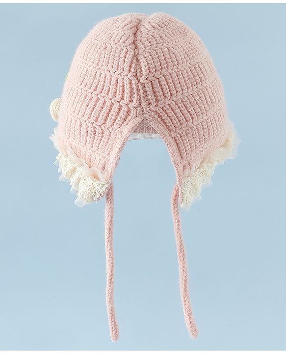 Babyhug Woollen Cap With Floral Applique & Frill Detailing Off White - Diameter 9 cm