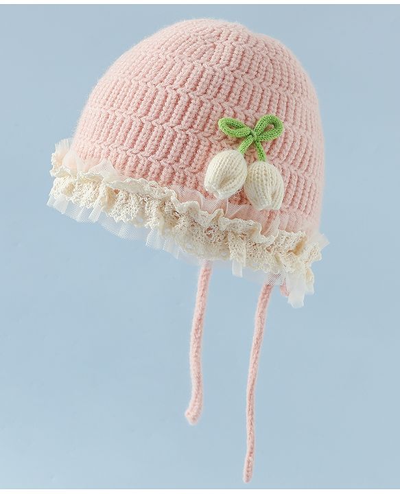 Babyhug Woollen Cap With Floral Applique & Frill Detailing Off White - Diameter 9 cm