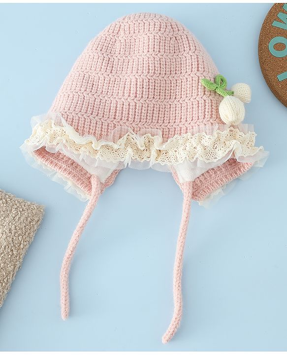 Babyhug Woollen Cap With Floral Applique & Frill Detailing Off White - Diameter 9 cm