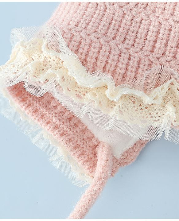 Babyhug Woollen Cap With Floral Applique & Frill Detailing Off White - Diameter 9 cm