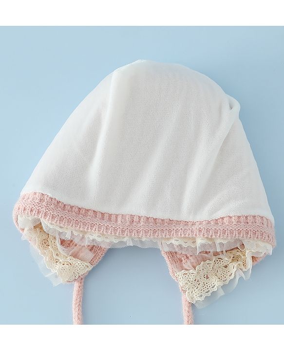 Babyhug Woollen Cap With Floral Applique & Frill Detailing Off White - Diameter 9 cm