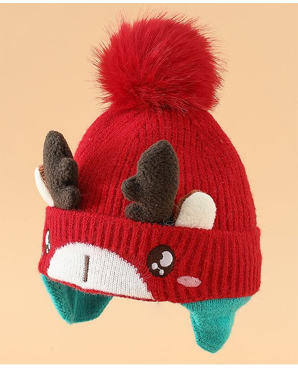 Babyhug Woollen Cap with Pom Pom & Reindeer Applique in Red - Diameter 17.5 cm