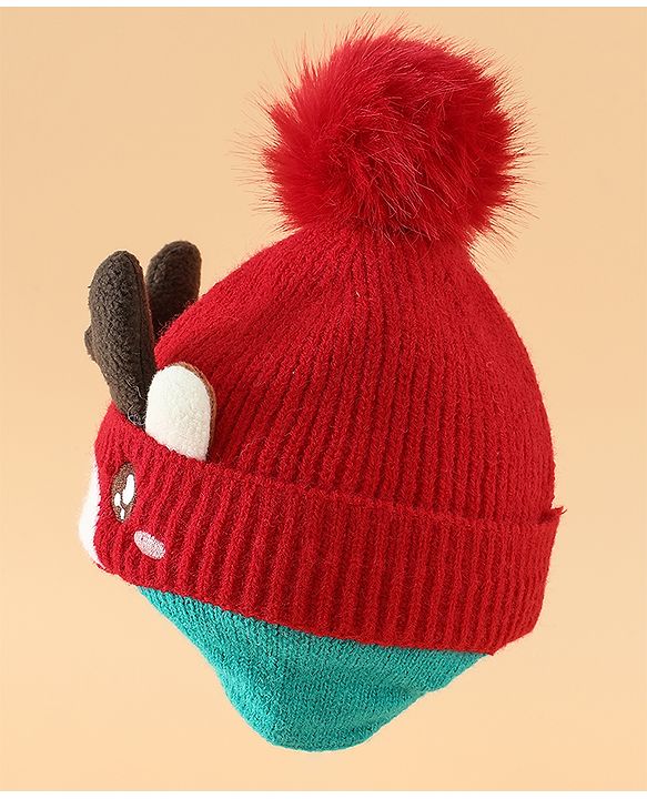 Babyhug Woollen Cap with Pom Pom & Reindeer Applique in Red - Diameter 17.5 cm