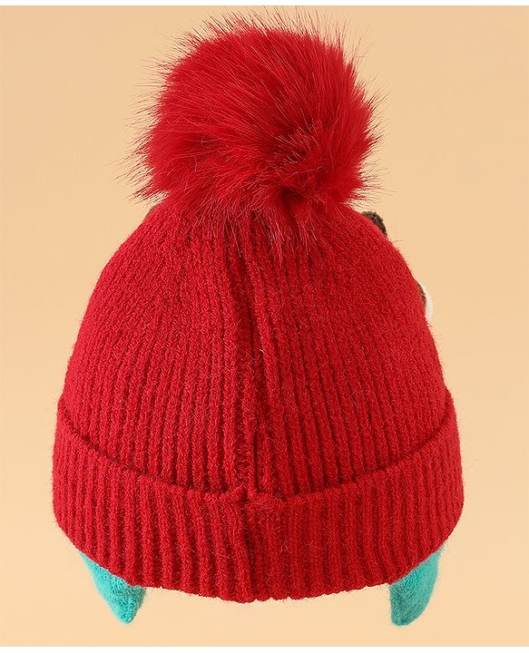 Babyhug Woollen Cap with Pom Pom & Reindeer Applique in Red - Diameter 17.5 cm