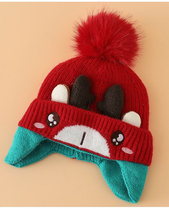 Babyhug Woollen Cap with Pom Pom & Reindeer Applique in Red - Diameter 17.5 cm