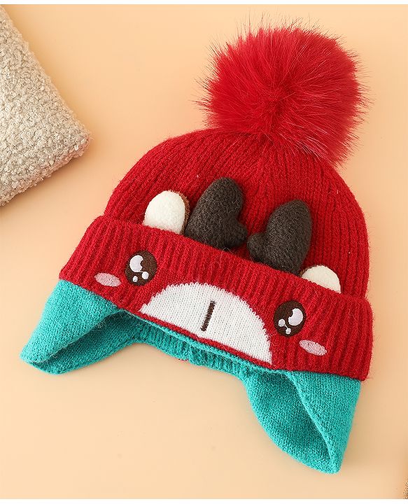 Babyhug Woollen Cap with Pom Pom & Reindeer Applique in Red - Diameter 17.5 cm