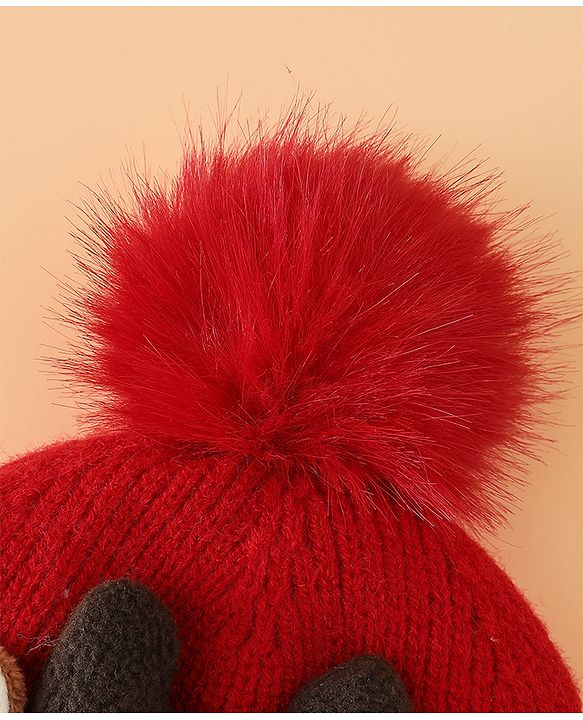 Babyhug Woollen Cap with Pom Pom & Reindeer Applique in Red - Diameter 17.5 cm