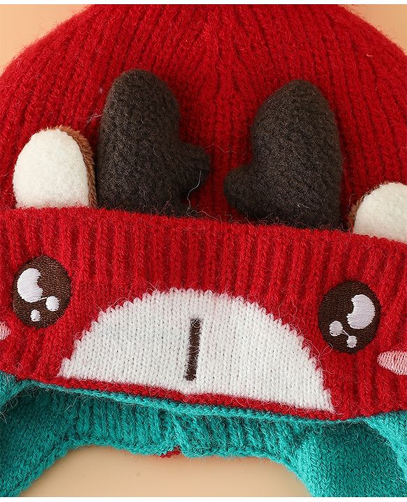 Babyhug Woollen Cap with Pom Pom & Reindeer Applique in Red - Diameter 17.5 cm