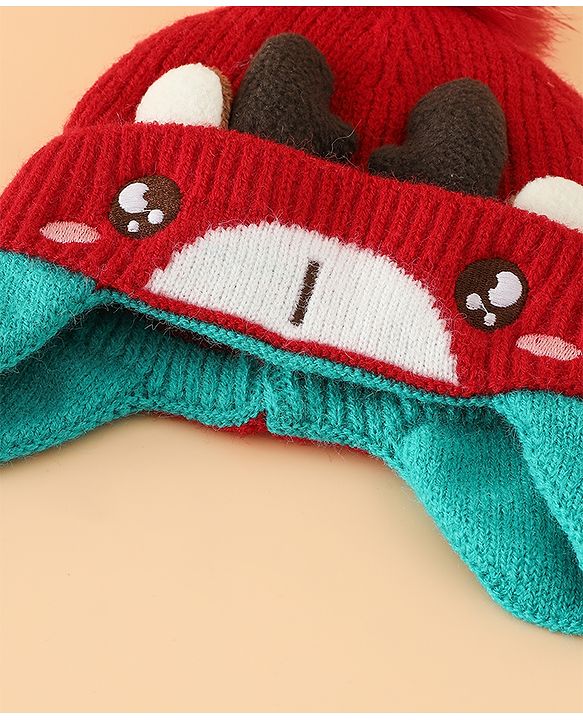 Babyhug Woollen Cap with Pom Pom & Reindeer Applique in Red - Diameter 17.5 cm