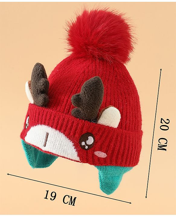 Babyhug Woollen Cap with Pom Pom & Reindeer Applique in Red - Diameter 17.5 cm