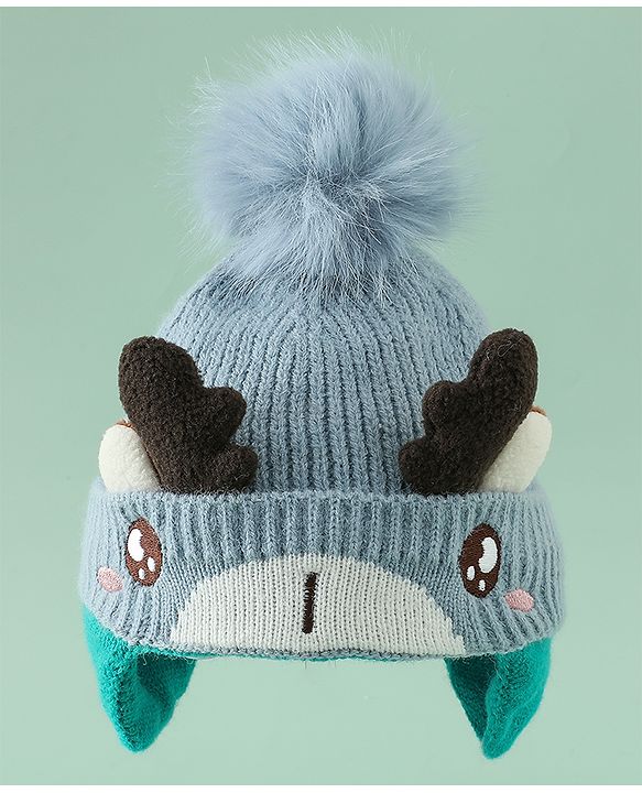 Babyhug Woollen Cap with Pom Pom & Reindeer Applique in Red - Diameter 17.5 cm