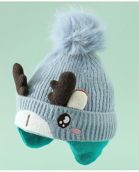 Babyhug Woollen Cap with Pom Pom & Reindeer Applique in Red - Diameter 17.5 cm