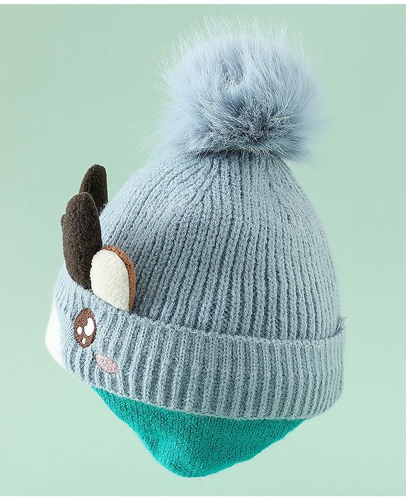 Babyhug Woollen Cap with Pom Pom & Reindeer Applique in Red - Diameter 17.5 cm