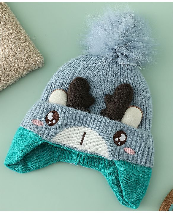 Babyhug Woollen Cap with Pom Pom & Reindeer Applique in Red - Diameter 17.5 cm