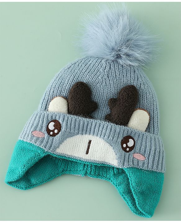 Babyhug Woollen Cap with Pom Pom & Reindeer Applique in Red - Diameter 17.5 cm