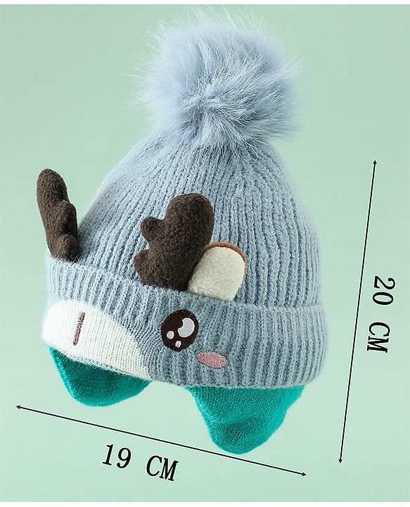 Babyhug Woollen Cap with Pom Pom & Reindeer Applique in Red - Diameter 17.5 cm