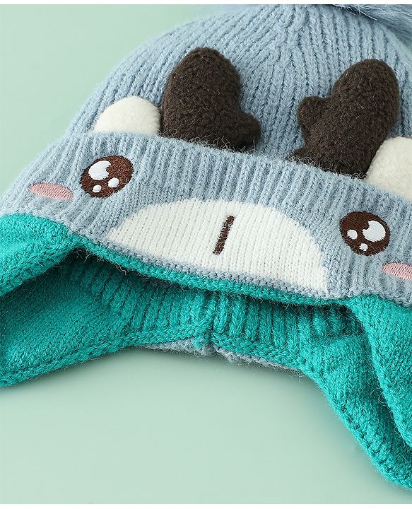 Babyhug Woollen Cap with Pom Pom & Reindeer Applique in Red - Diameter 17.5 cm