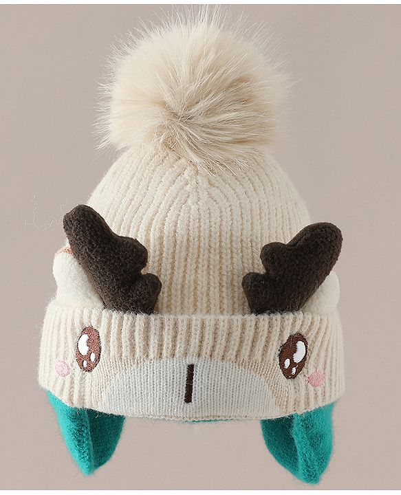 Babyhug Woollen Cap with Pom Pom & Reindeer Applique in Red - Diameter 17.5 cm
