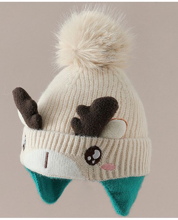 Babyhug Woollen Cap with Pom Pom & Reindeer Applique in Red - Diameter 17.5 cm