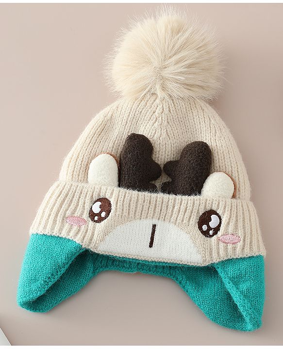 Babyhug Woollen Cap with Pom Pom & Reindeer Applique in Red - Diameter 17.5 cm